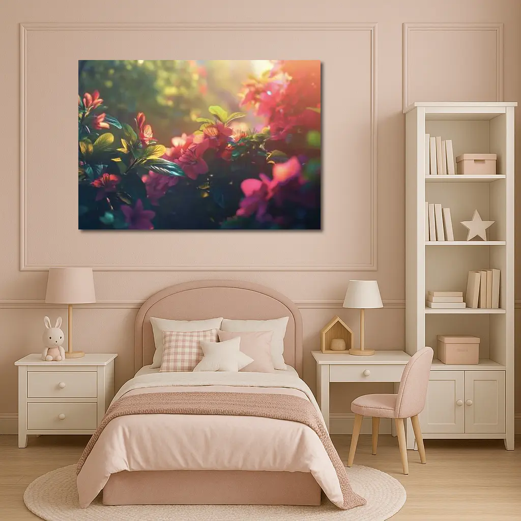 Pink Red Flowers Sunlit Garden Green Leaves – Wall Art