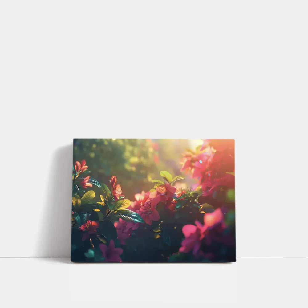 Pink Red Flowers Sunlit Garden Green Leaves – Wall Art