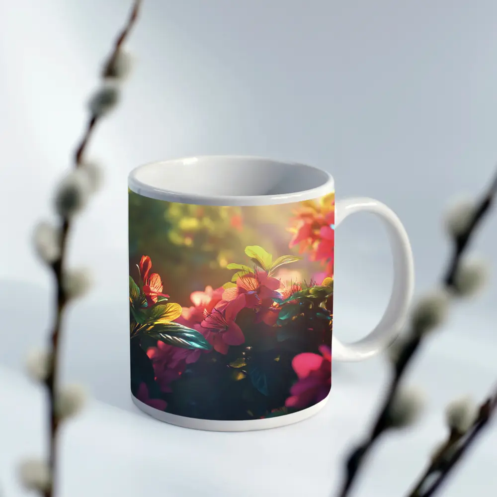 Pink Red Flowers Sunlit Garden Green Leaves – Mugs