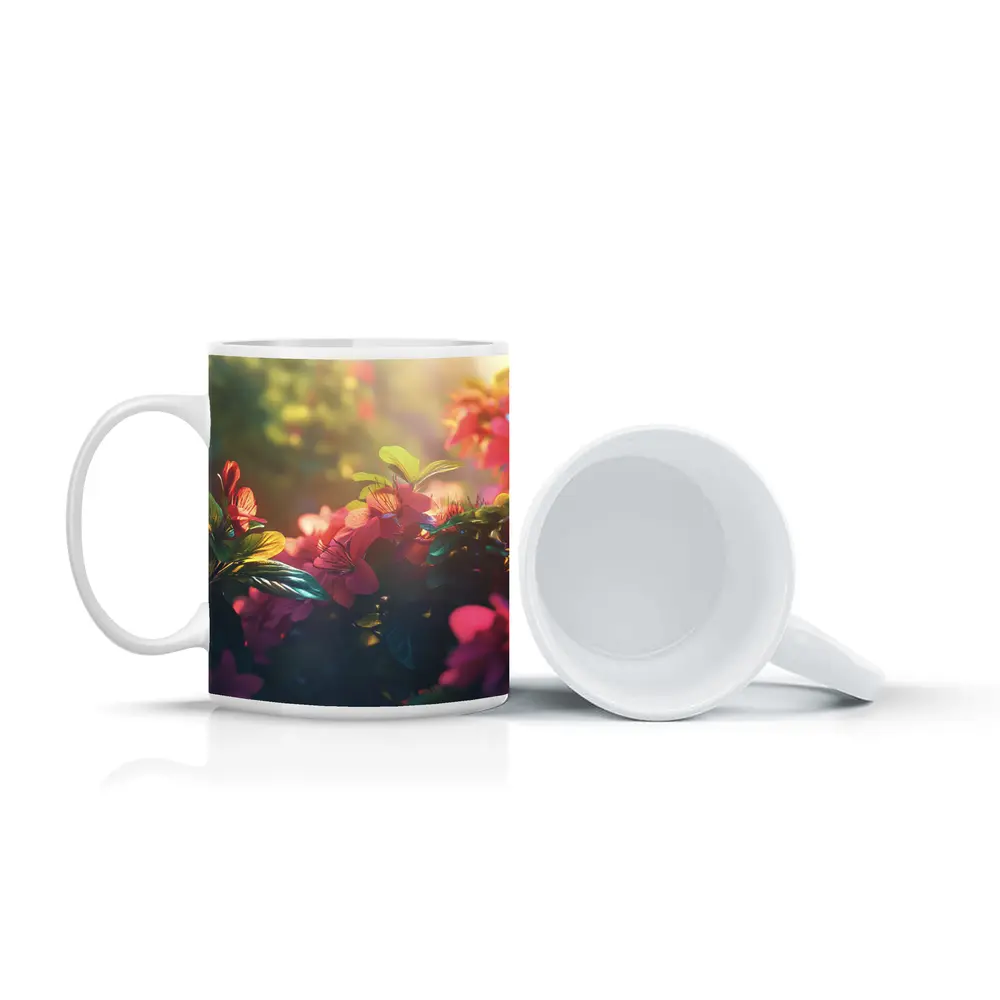 Pink Red Flowers Sunlit Garden Green Leaves – Mugs