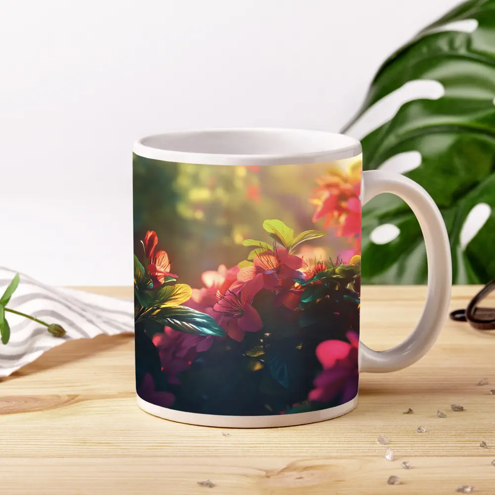 Pink Red Flowers Sunlit Garden Green Leaves – Mugs