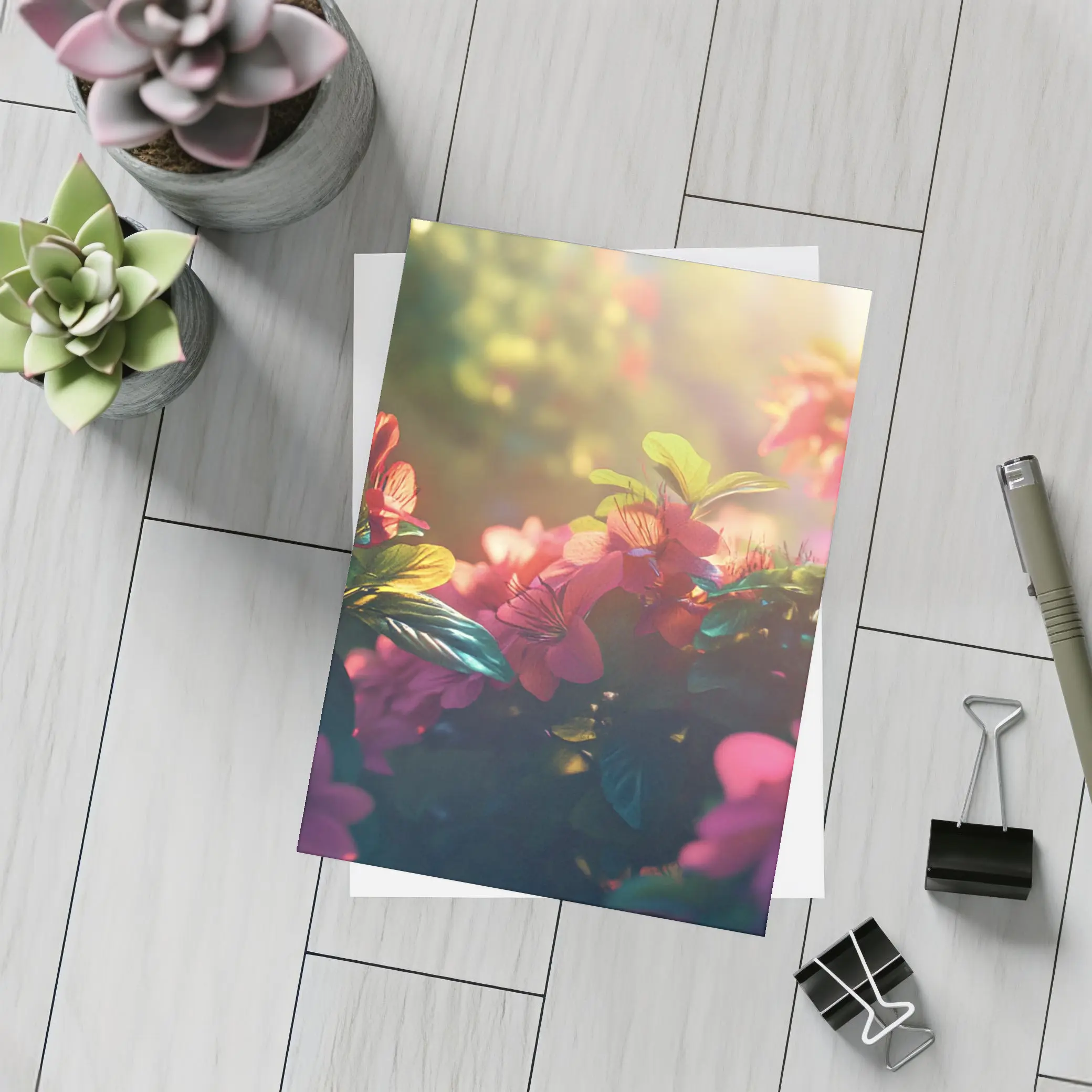 Pink Red Flowers Sunlit Garden Green Leaves – Postcards
