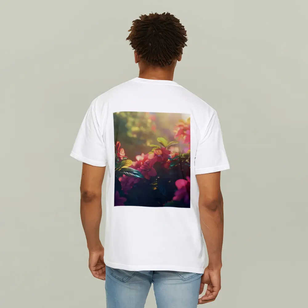 Pink Red Flowers Sunlit Garden Green Leaves – T-Shirts
