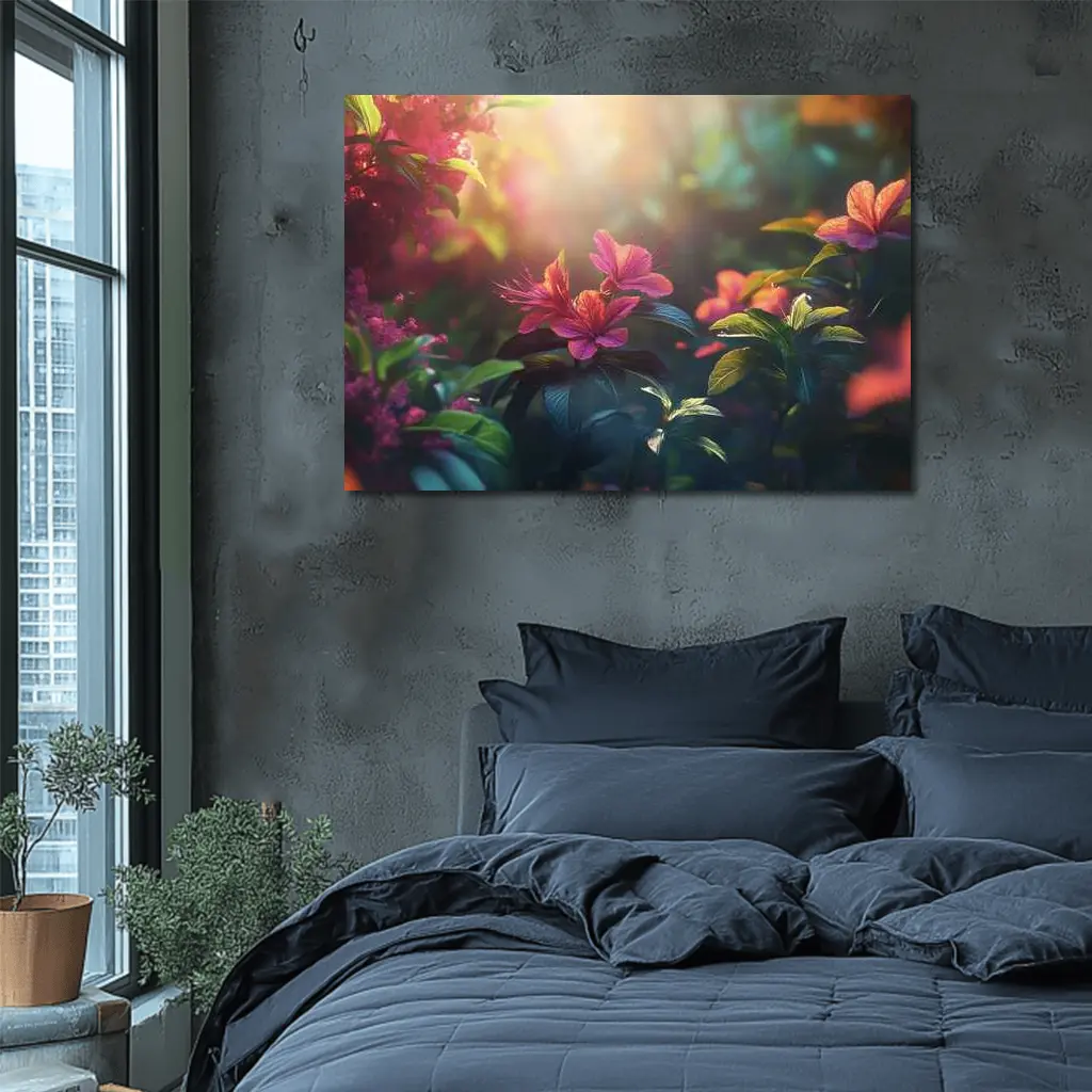 Hibiscus Flowers Glowing Sunlit Garden Scene – Wall Art