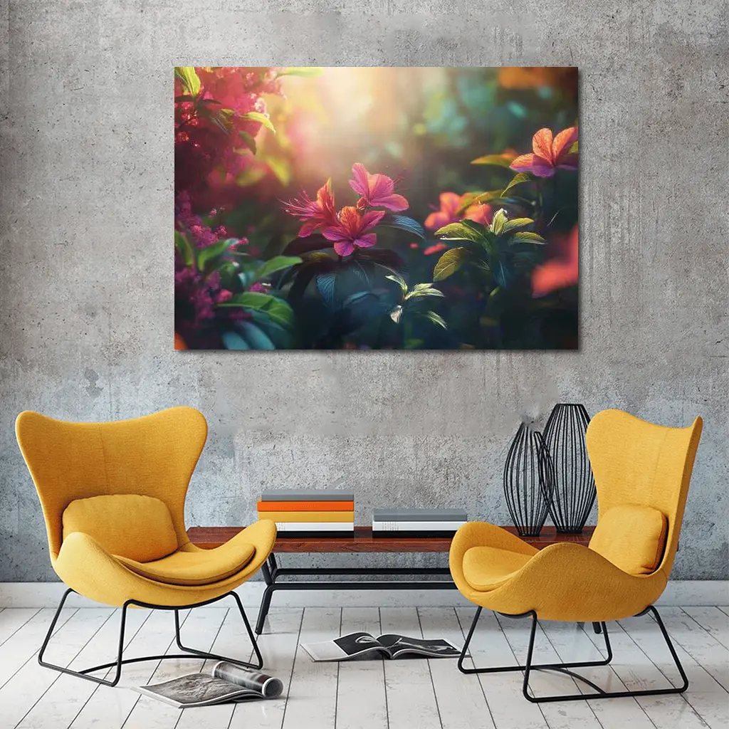 Hibiscus Flowers Glowing Sunlit Garden Scene – Wall Art