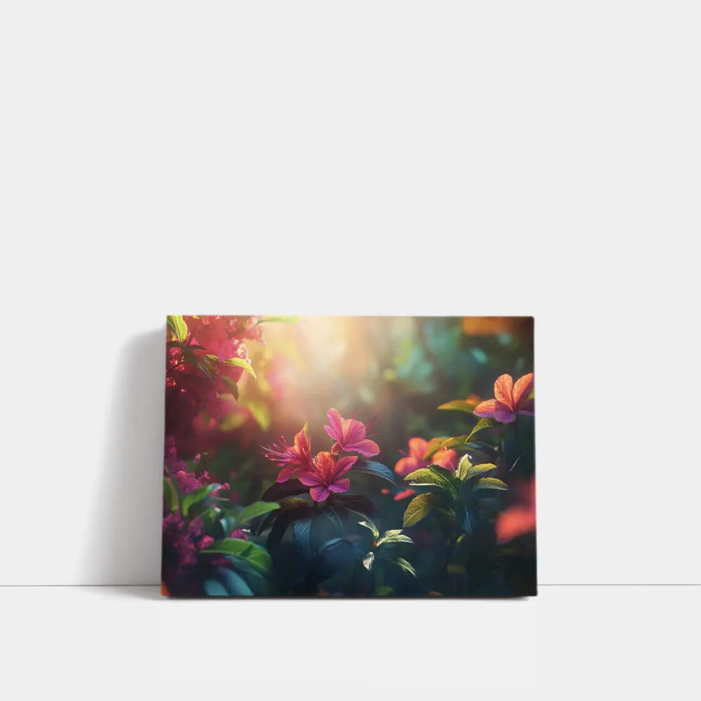 Hibiscus Flowers Glowing Sunlit Garden Scene – Wall Art