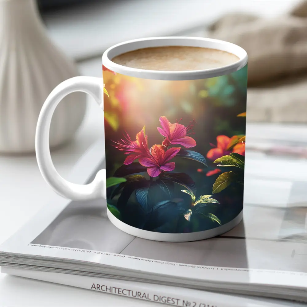 Hibiscus Flowers Glowing Sunlit Garden Scene – Mugs