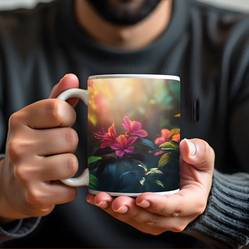Hibiscus Flowers Glowing Sunlit Garden Scene – Mugs