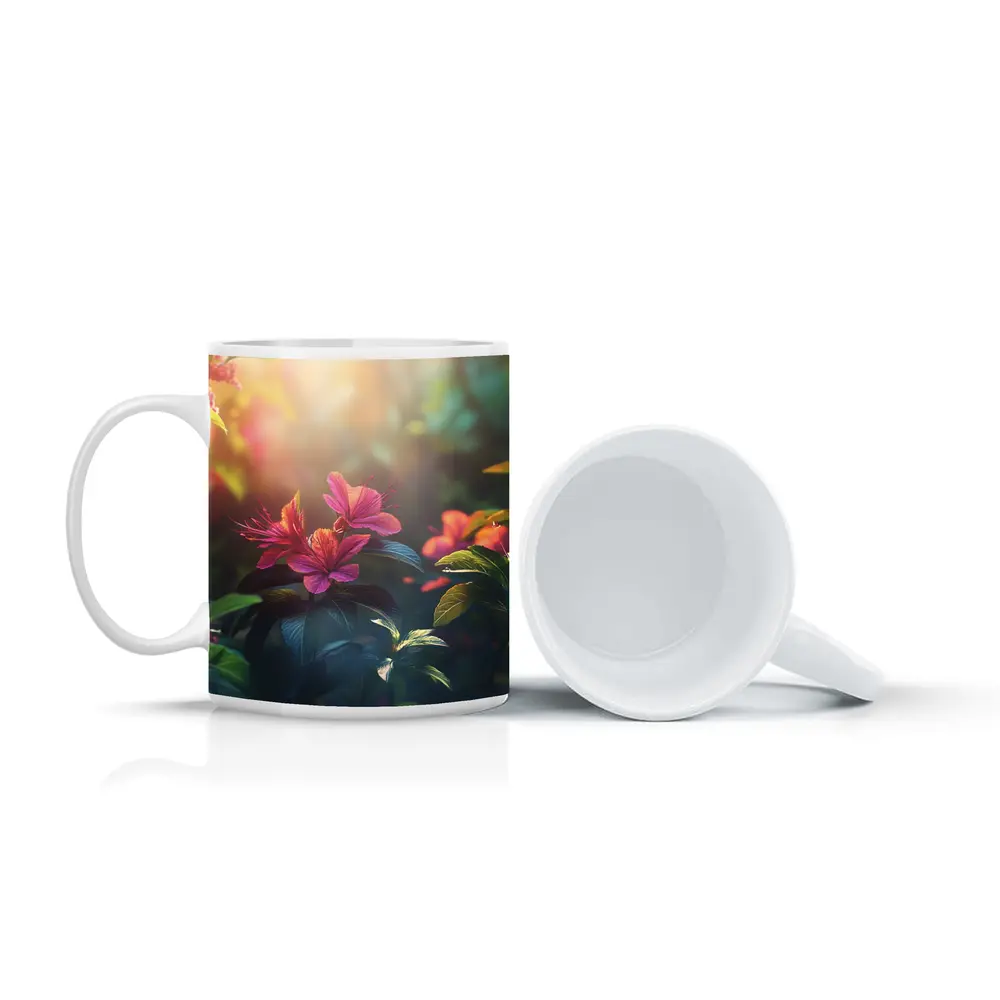 Hibiscus Flowers Glowing Sunlit Garden Scene – Mugs