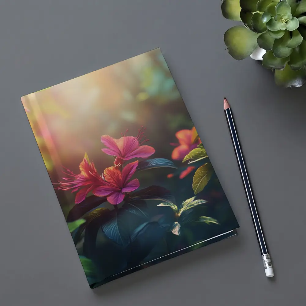 Hibiscus Flowers Glowing Sunlit Garden Scene – Notebooks