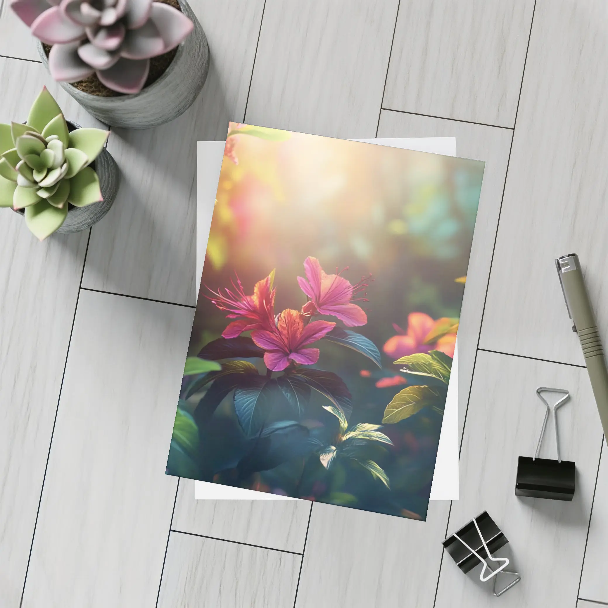 Hibiscus Flowers Glowing Sunlit Garden Scene – Postcards