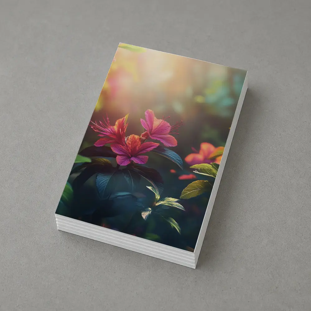 Hibiscus Flowers Glowing Sunlit Garden Scene – Postcards