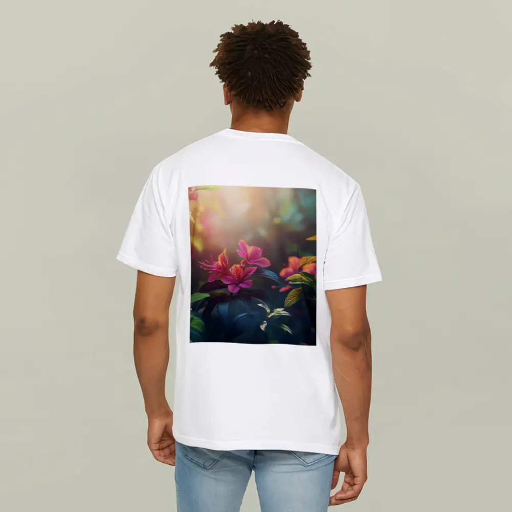 Hibiscus Flowers Glowing Sunlit Garden Scene – T-Shirts