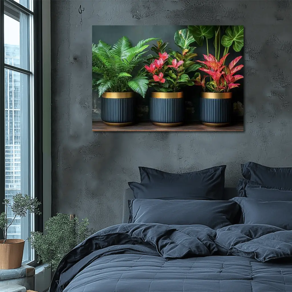 Tropical Plants Dark Navy Gold Pots – Wall Art