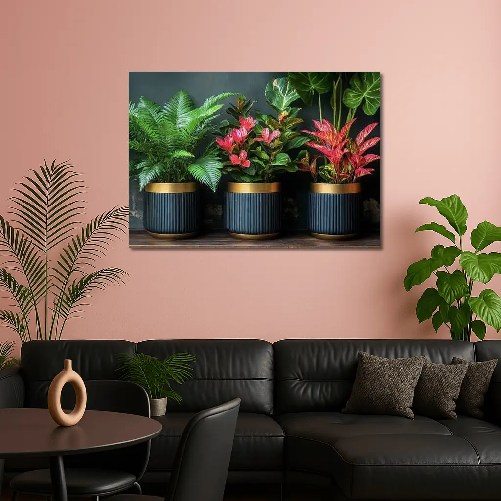 Tropical Plants Dark Navy Gold Pots – Wall Art