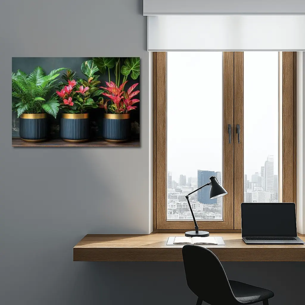 Tropical Plants Dark Navy Gold Pots – Wall Art
