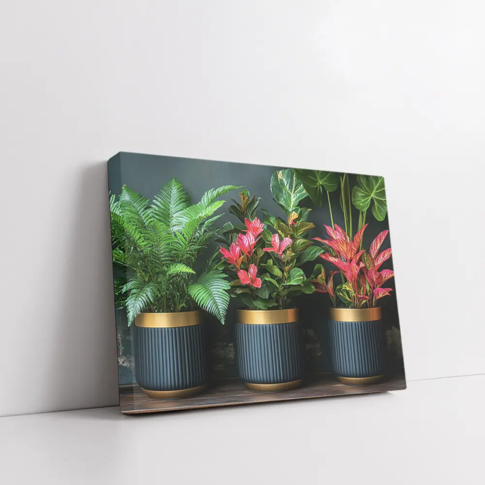 Tropical Plants Dark Navy Gold Pots – Wall Art