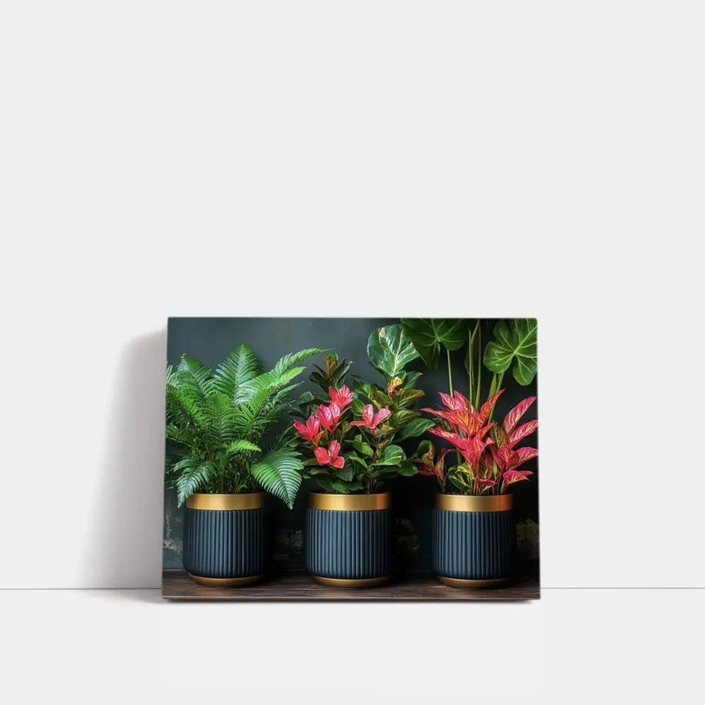 Tropical Plants Dark Navy Gold Pots – Wall Art