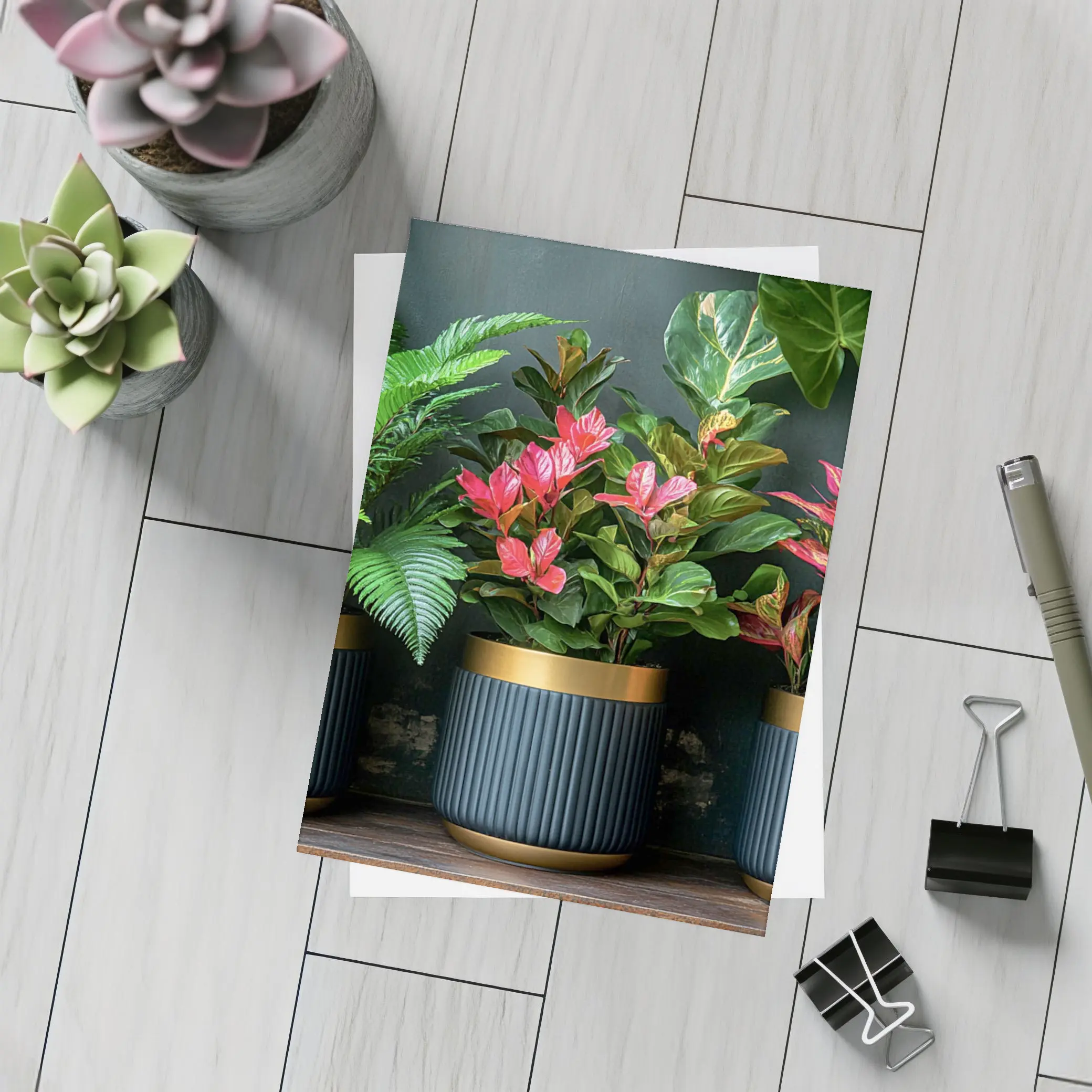 Tropical Plants Dark Navy Gold Pots – Postcards