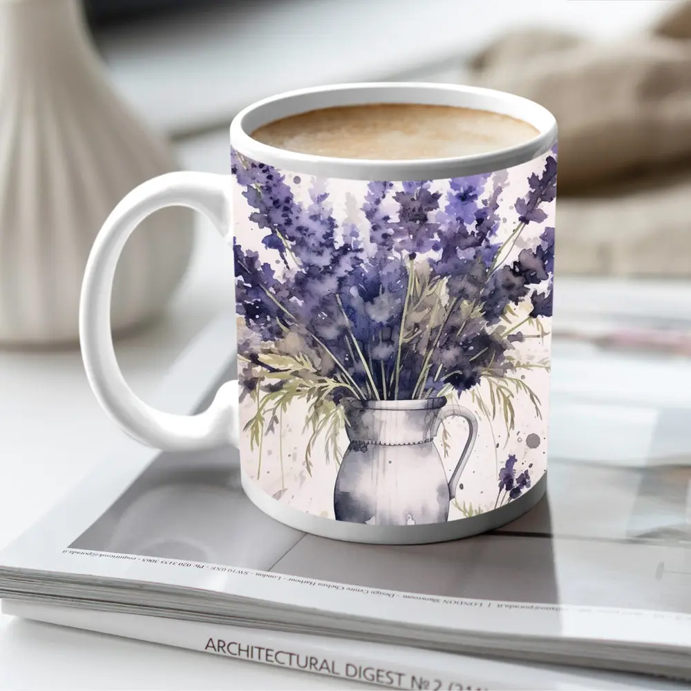 Watercolor Lavender Bouquet In White Vase – Mugs