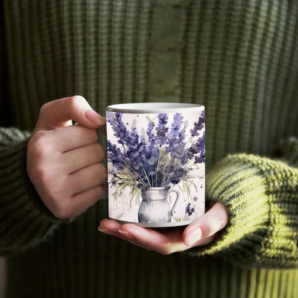 Watercolor Lavender Bouquet In White Vase – Mugs