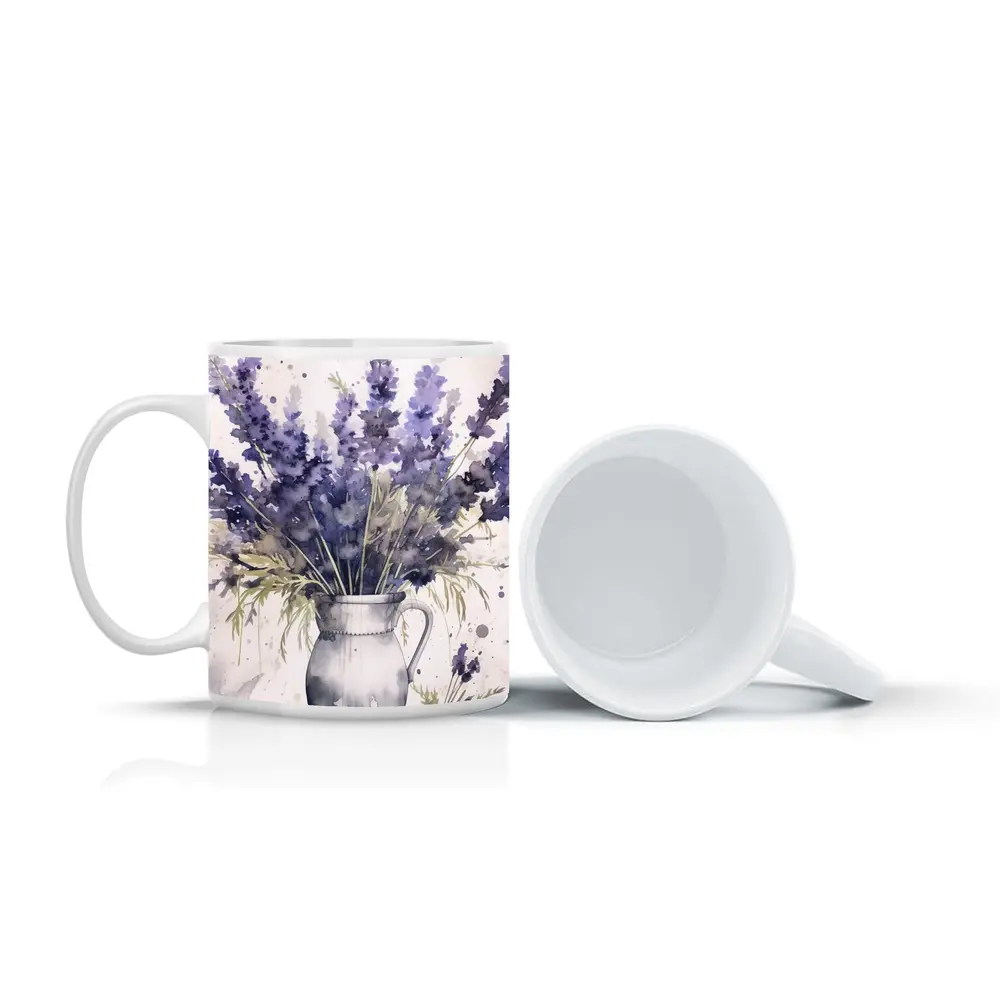 Watercolor Lavender Bouquet In White Vase – Mugs