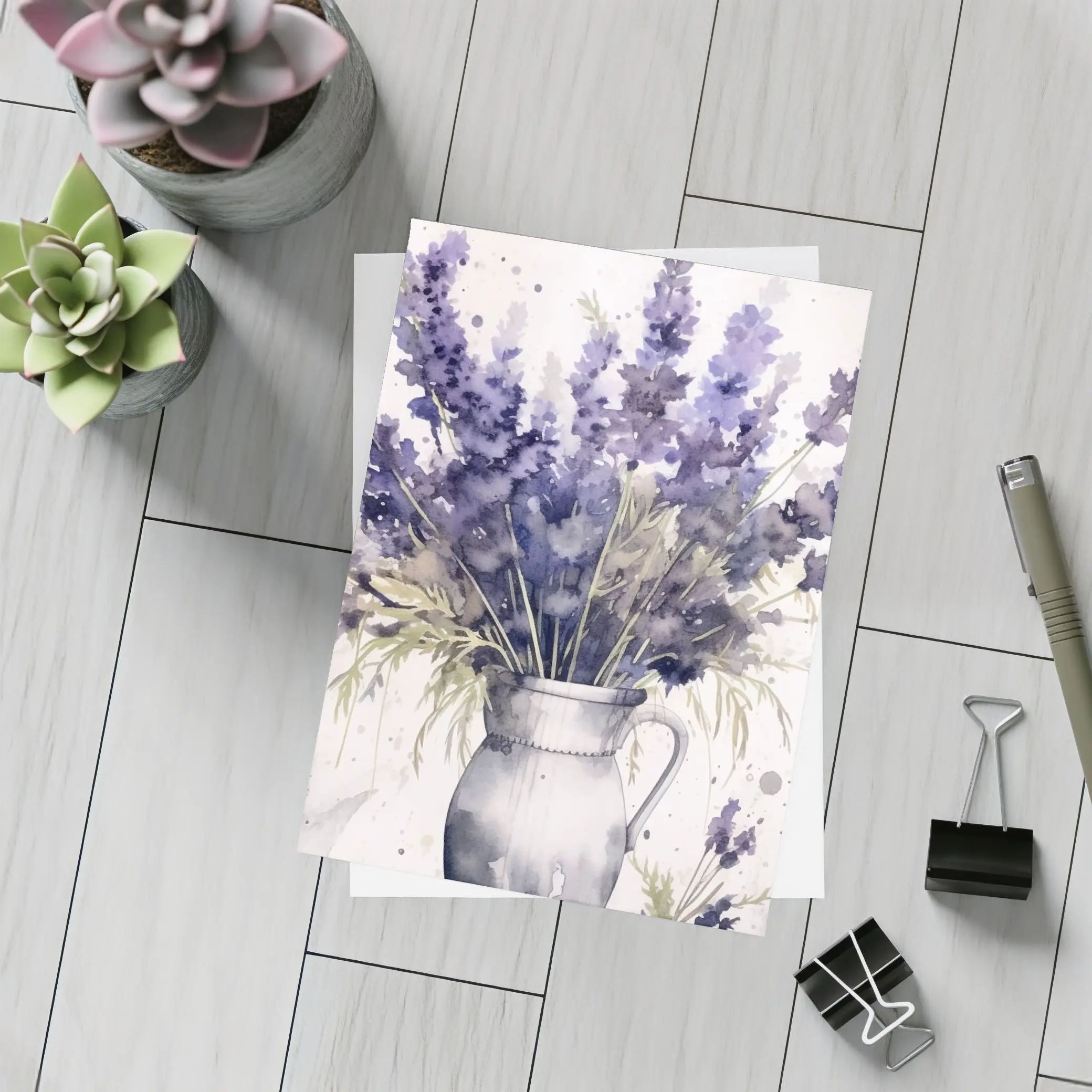 Watercolor Lavender Bouquet In White Vase – Postcards