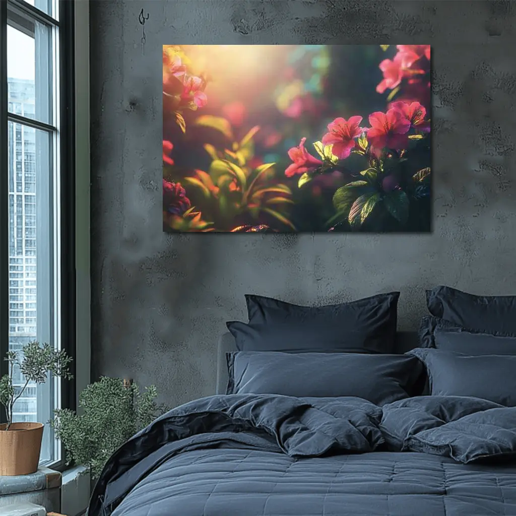 Pink Tropical Flowers Warm Sunlit Garden – Wall Art