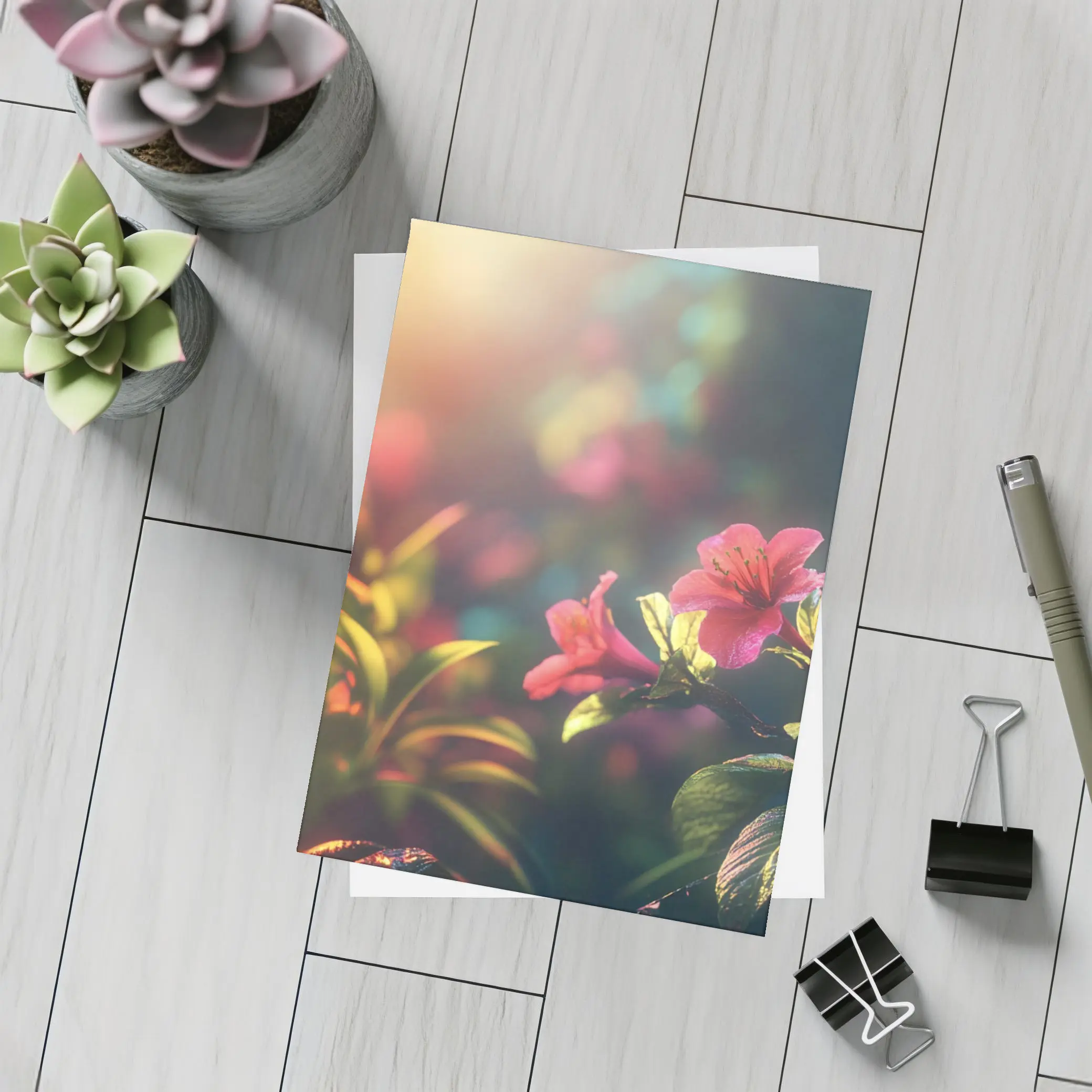 Pink Tropical Flowers Warm Sunlit Garden – Postcards
