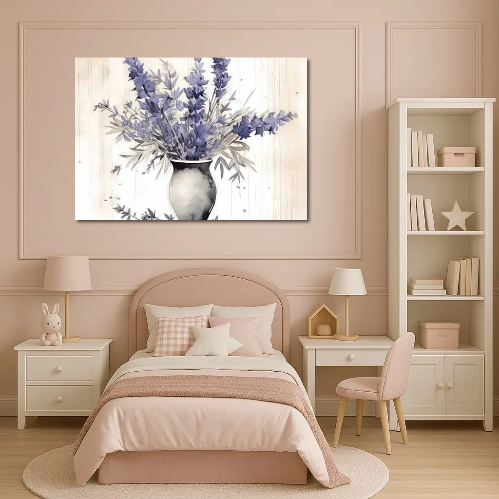 Lavender Bouquet Watercolor Vase Beige Background – Wall Art
