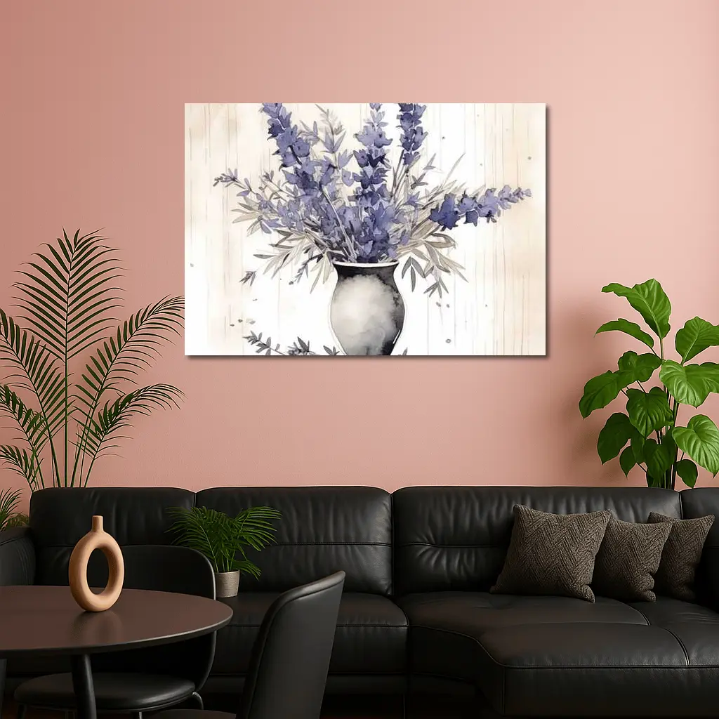 Lavender Bouquet Watercolor Vase Beige Background – Wall Art