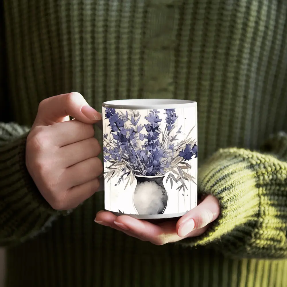 Lavender Bouquet Watercolor Vase Beige Background – Mugs