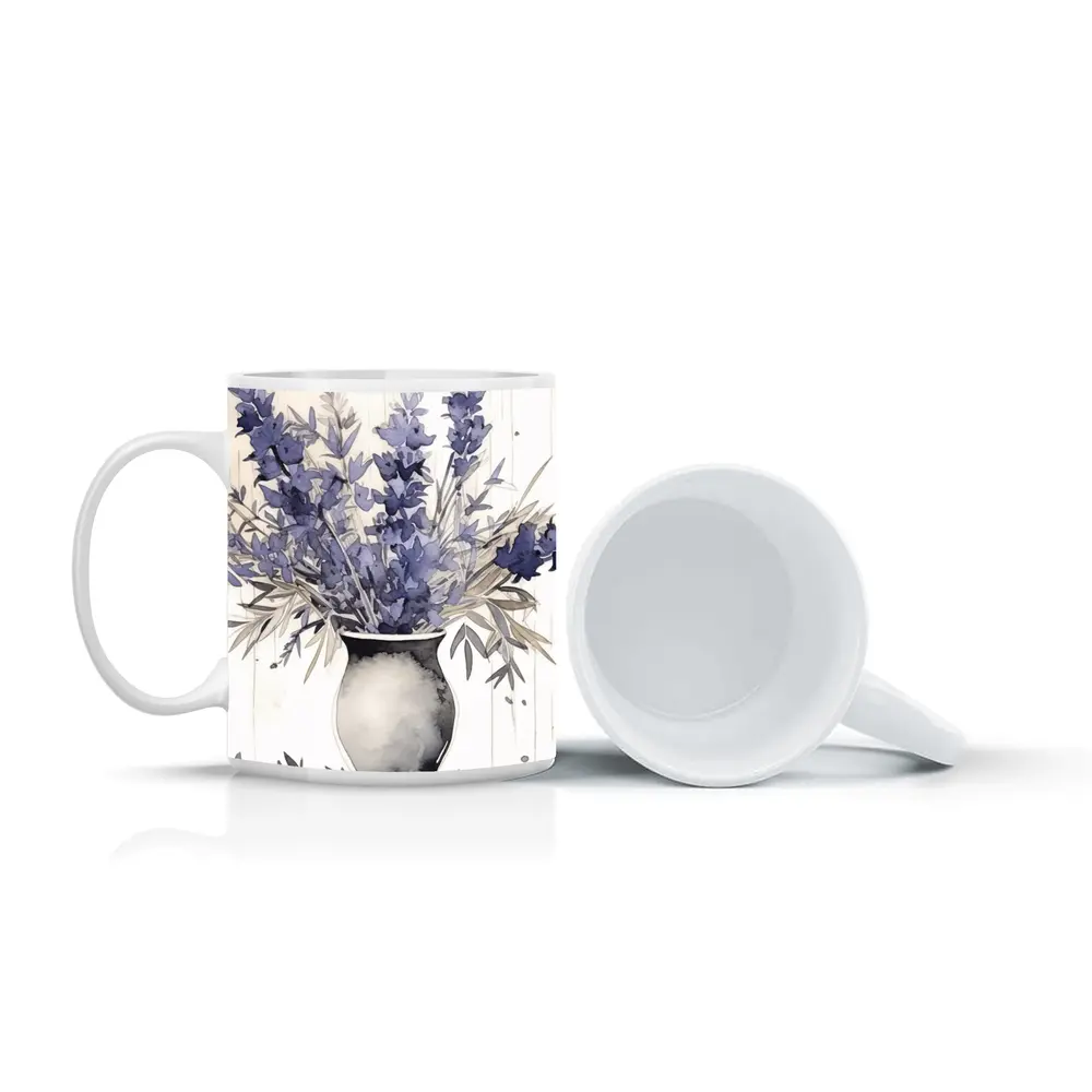 Lavender Bouquet Watercolor Vase Beige Background – Mugs