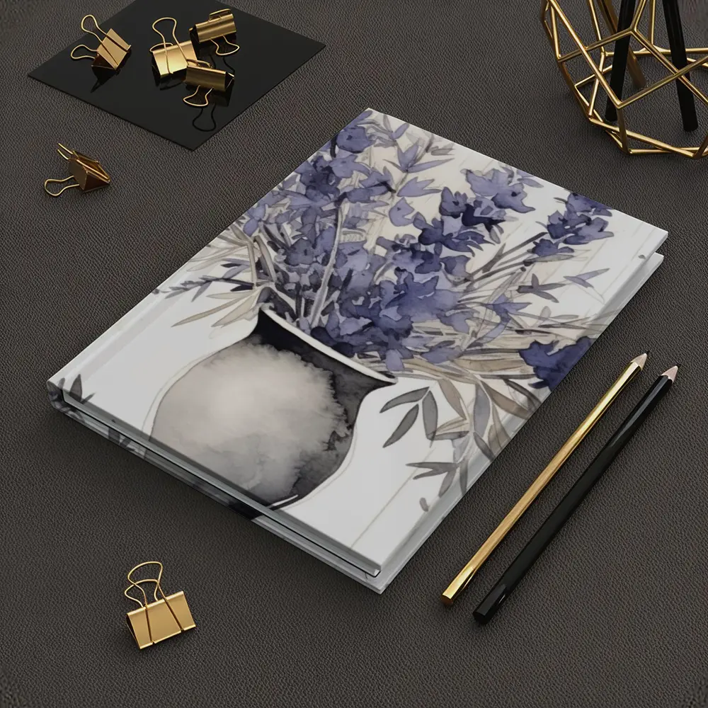 Lavender Bouquet Watercolor Vase Beige Background – Notebooks