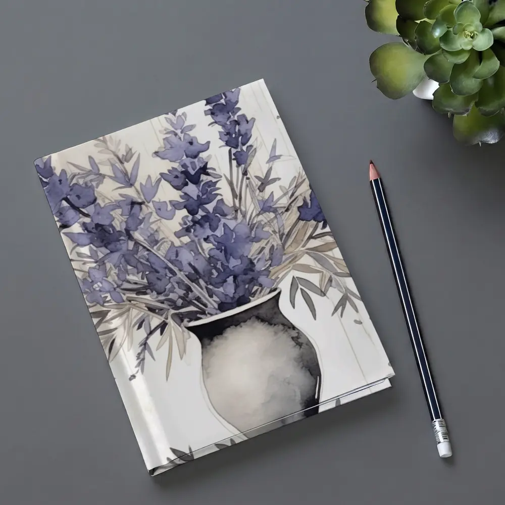 Lavender Bouquet Watercolor Vase Beige Background – Notebooks