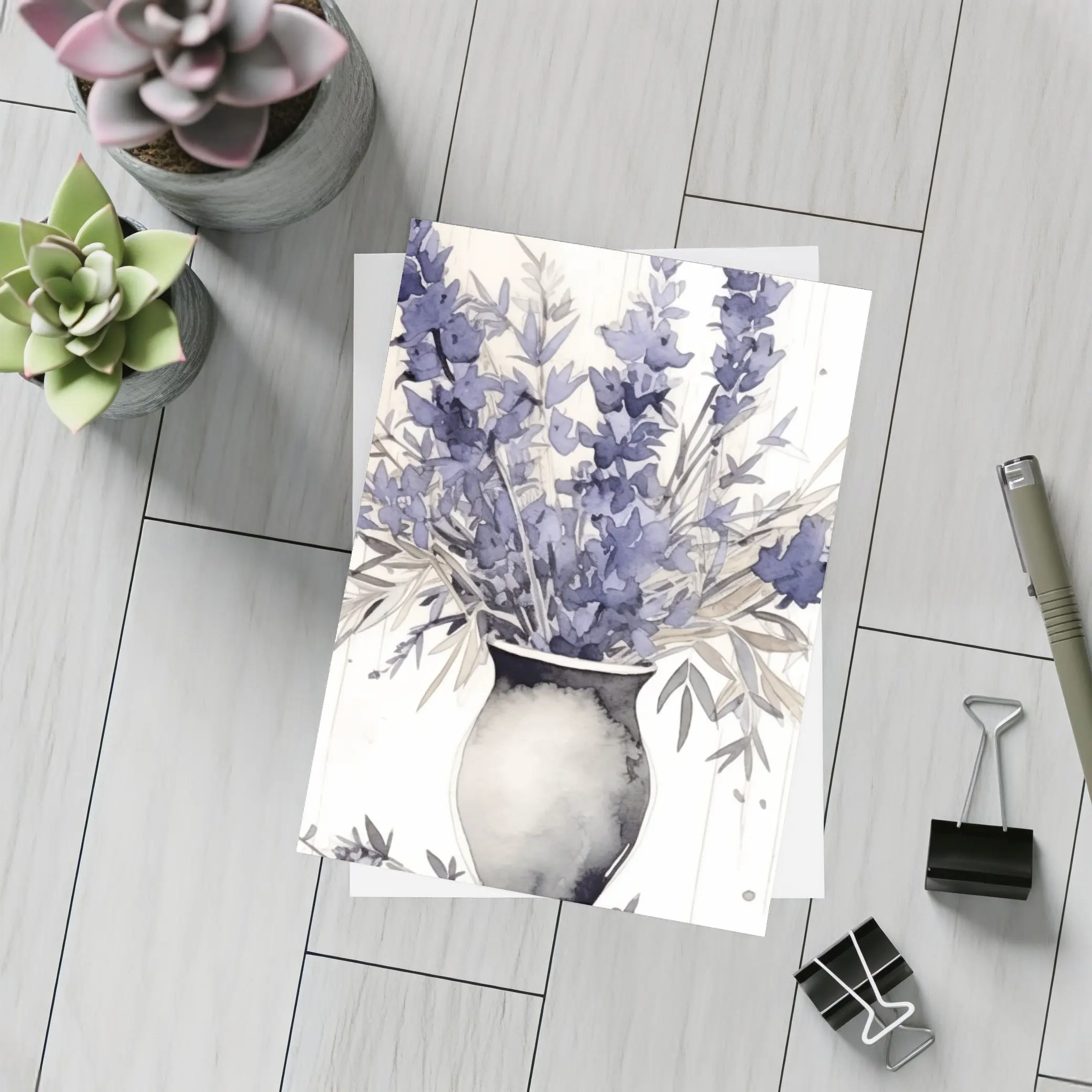 Lavender Bouquet Watercolor Vase Beige Background – Postcards