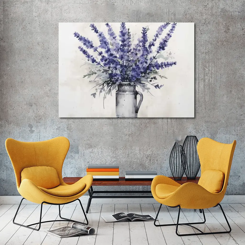 Lavender Bouquet Watercolor Rustic Jug White – Wall Art