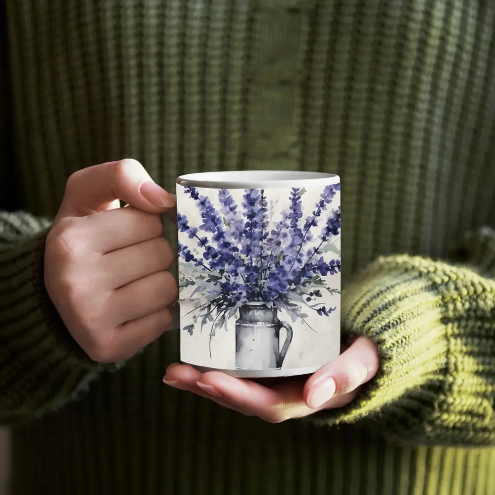 Lavender Bouquet Watercolor Rustic Jug White – Mugs