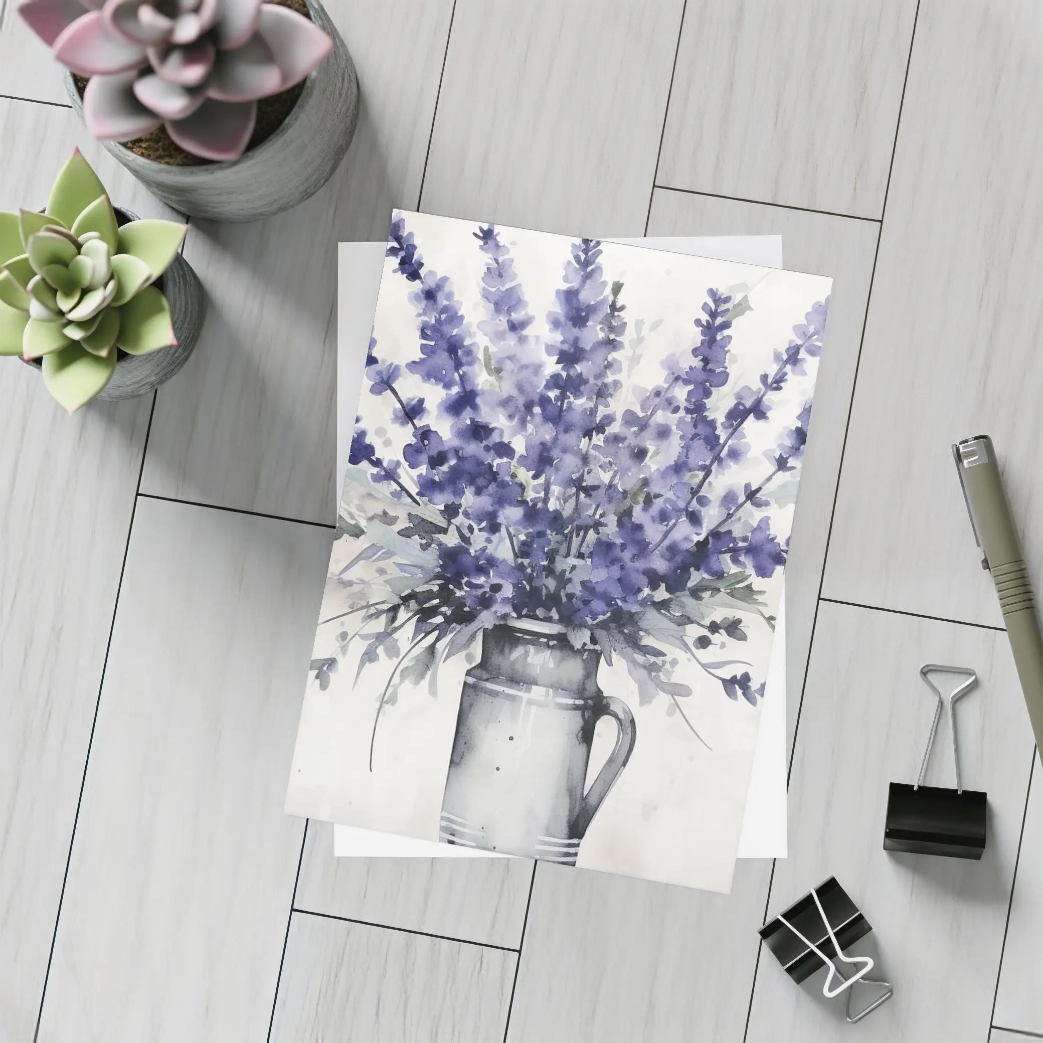 Lavender Bouquet Watercolor Rustic Jug White – Postcards