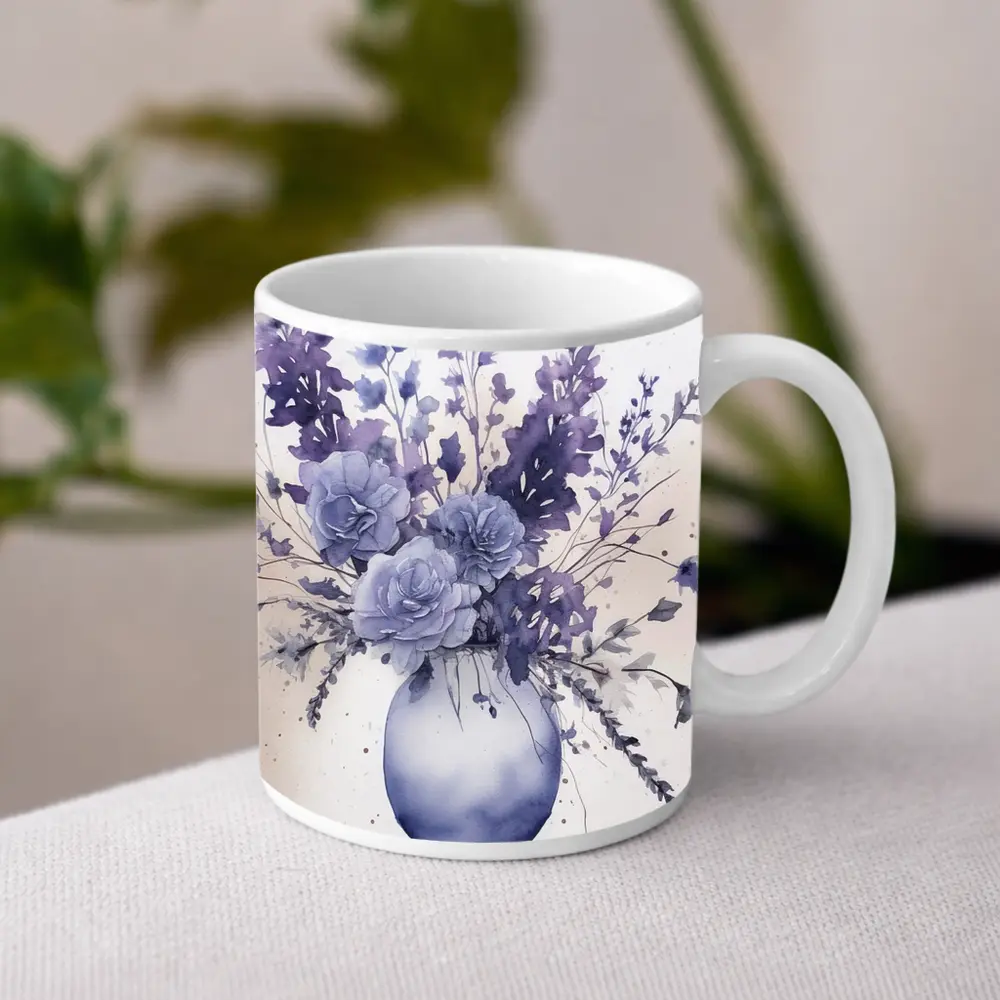 Purple Roses Lavender Bouquet Watercolor White Background – Mugs