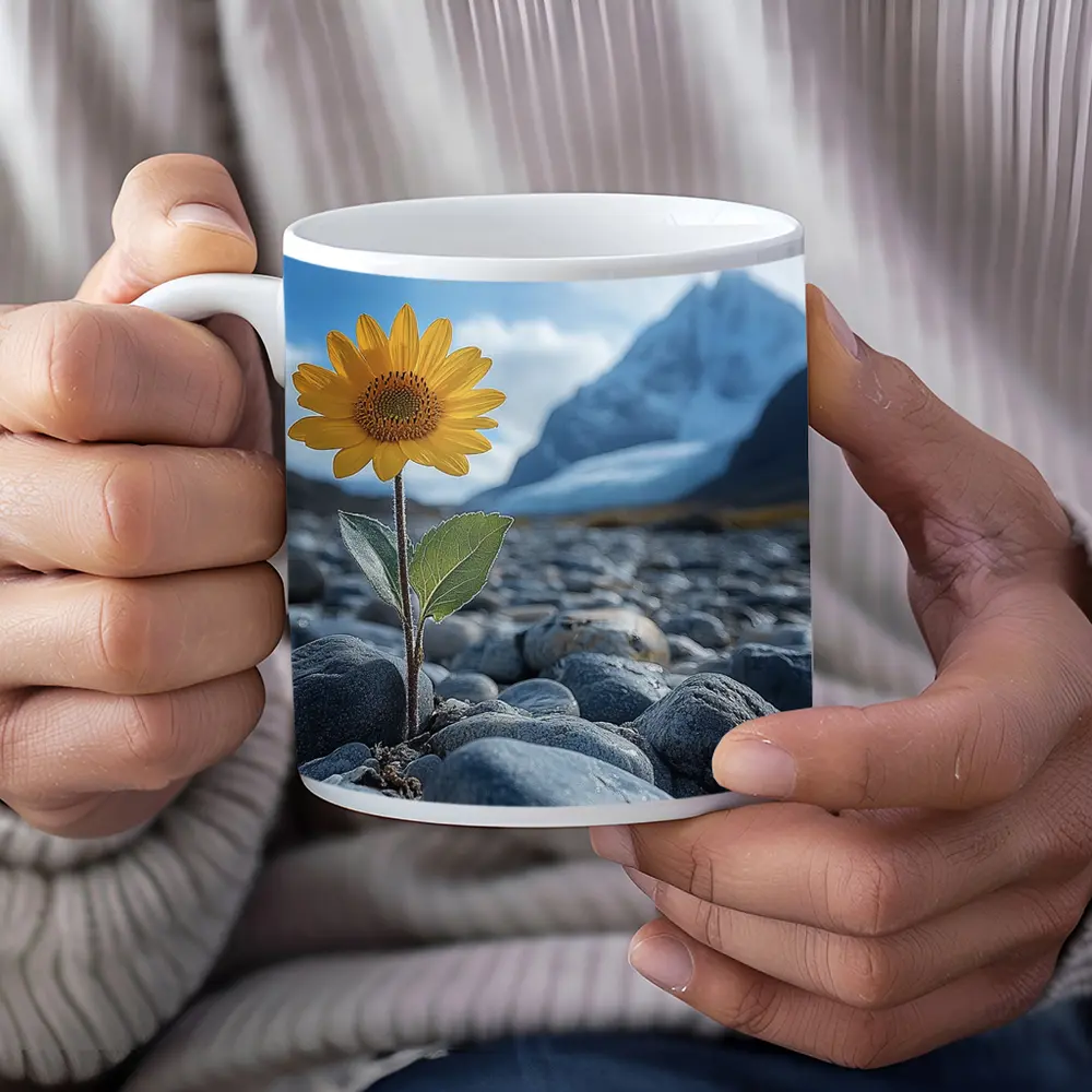 Sunflower Growing Rocky Mountain Glacier Landscape – Mugs