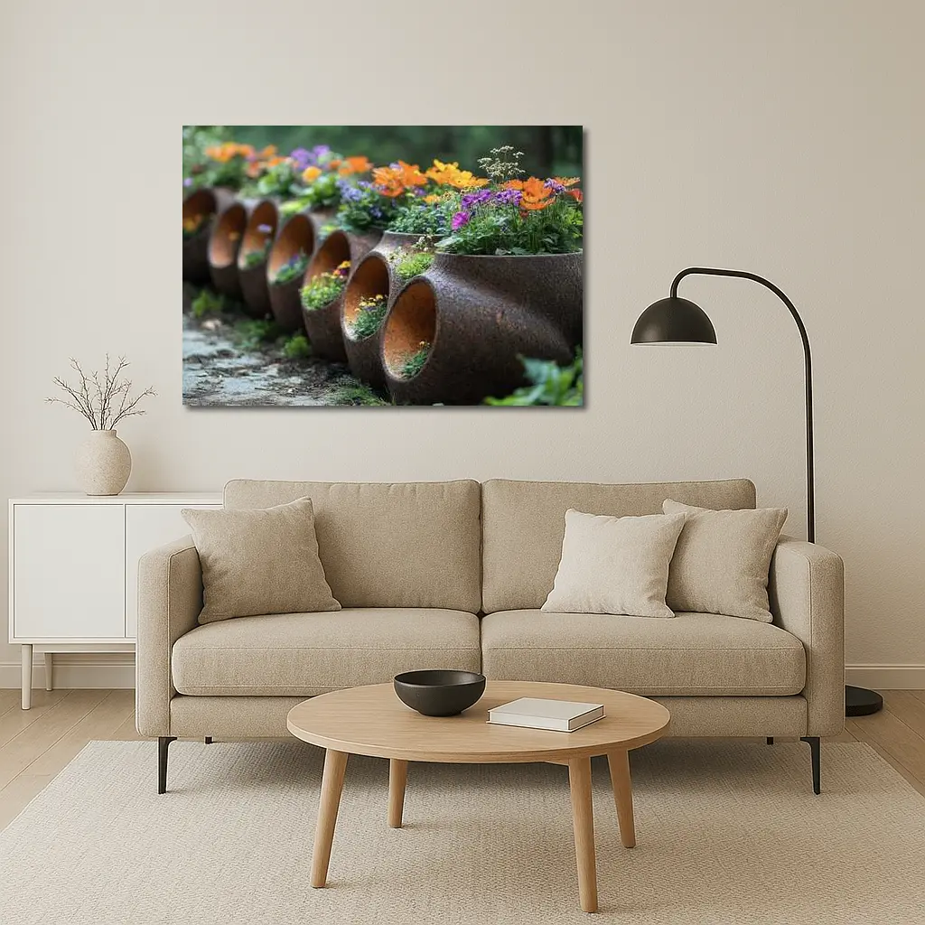 Rustic Stone Planters With Colorful Garden Flowers – Wall Art