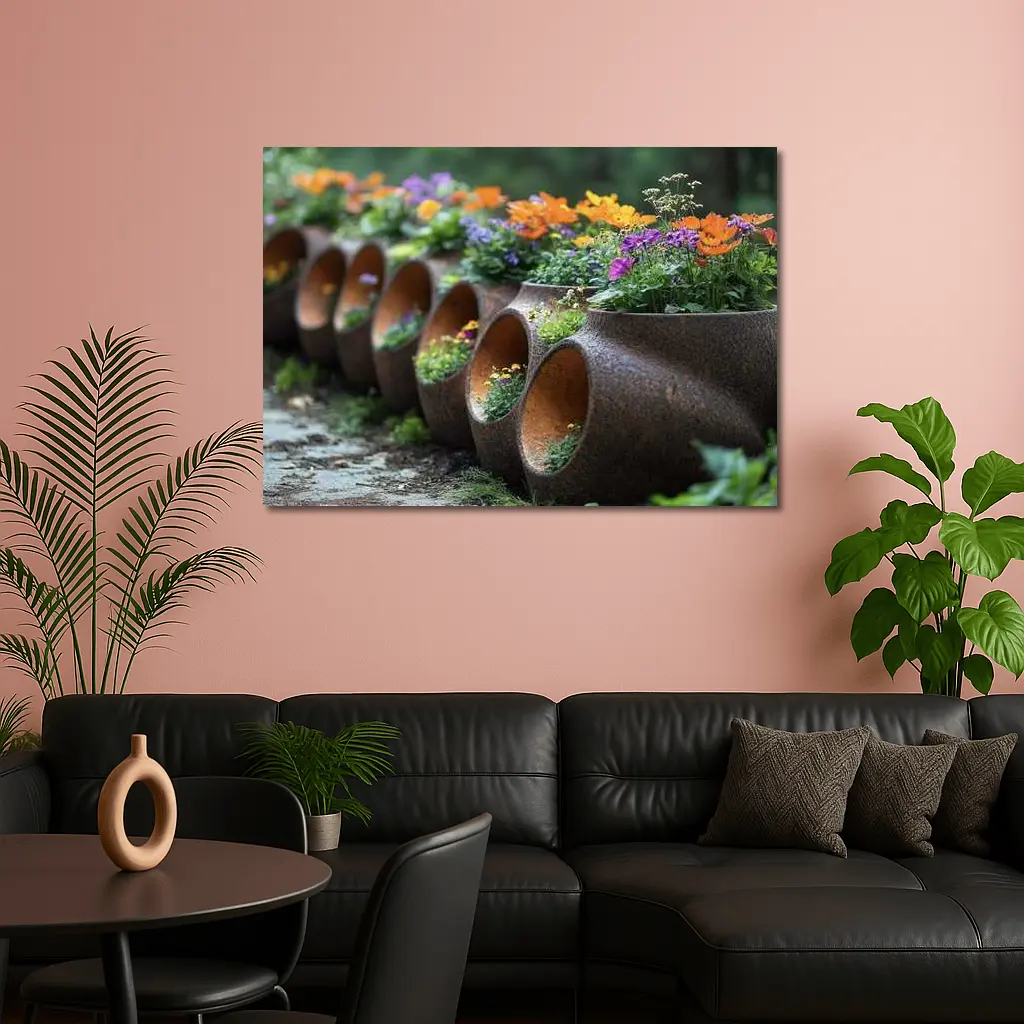 Rustic Stone Planters With Colorful Garden Flowers – Wall Art
