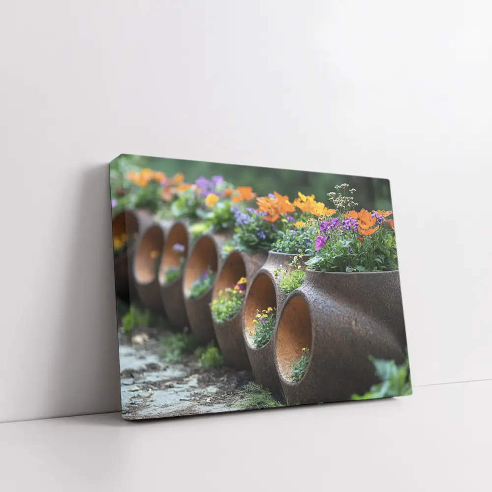 Rustic Stone Planters With Colorful Garden Flowers – Wall Art