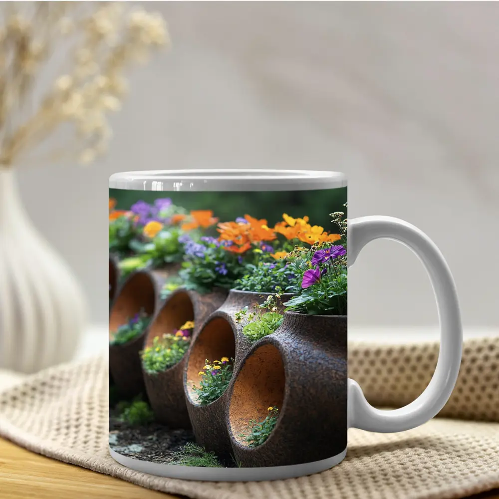 Rustic Stone Planters With Colorful Garden Flowers – Mugs