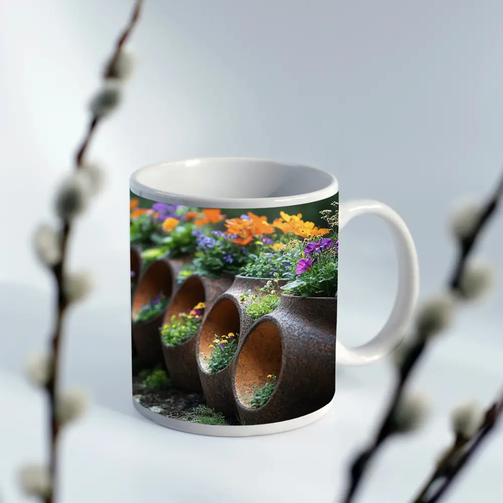 Rustic Stone Planters With Colorful Garden Flowers – Mugs