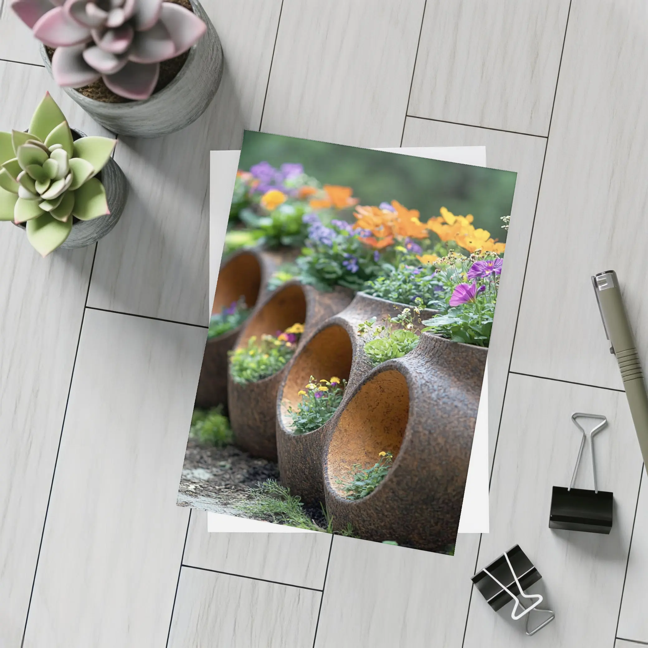 Rustic Stone Planters With Colorful Garden Flowers – Postcards
