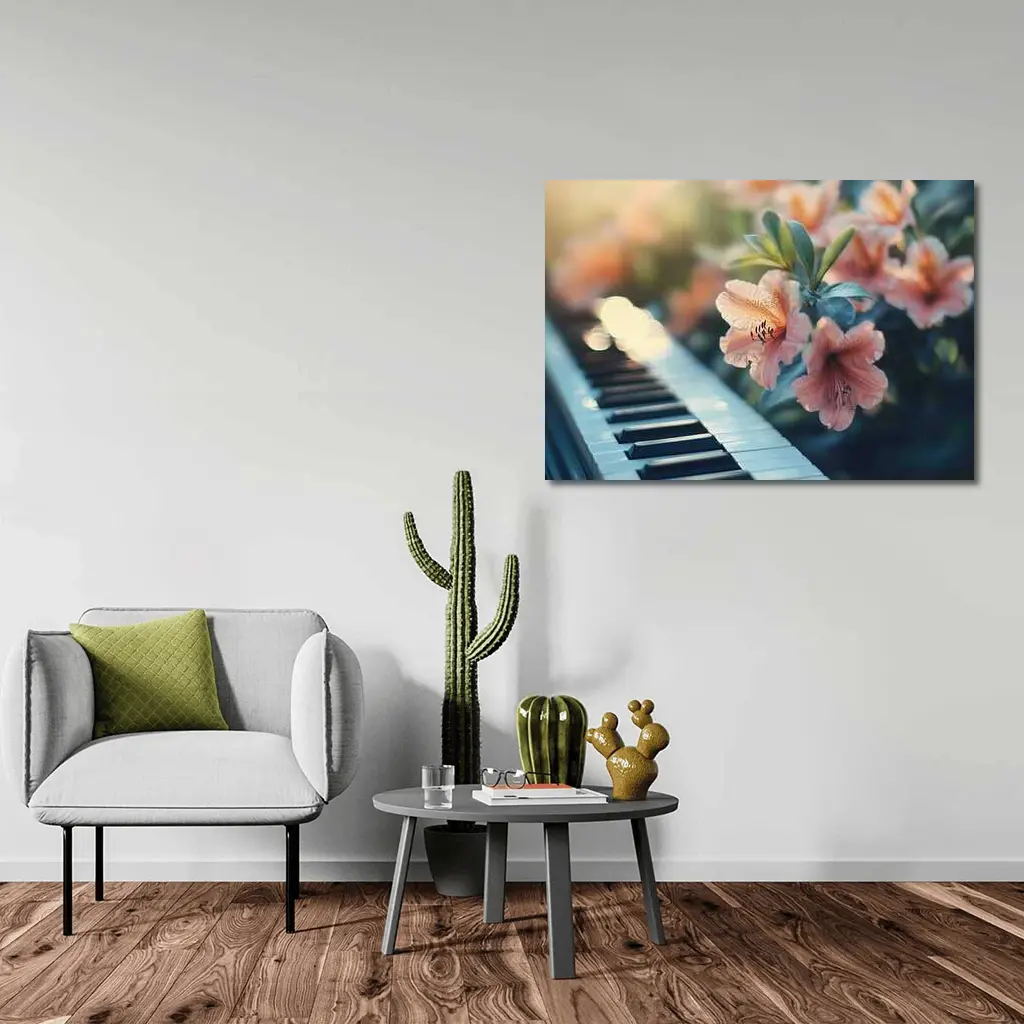 Pink Lilies Blooming Over Piano Keys – Wall Art