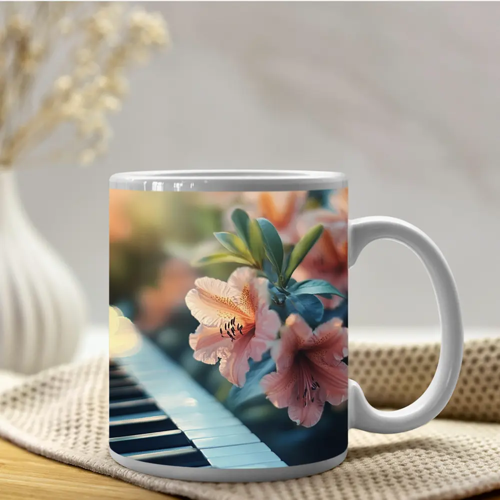 Pink Lilies Blooming Over Piano Keys – Mugs
