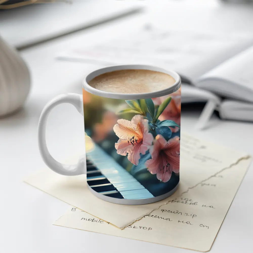 Pink Lilies Blooming Over Piano Keys – Mugs